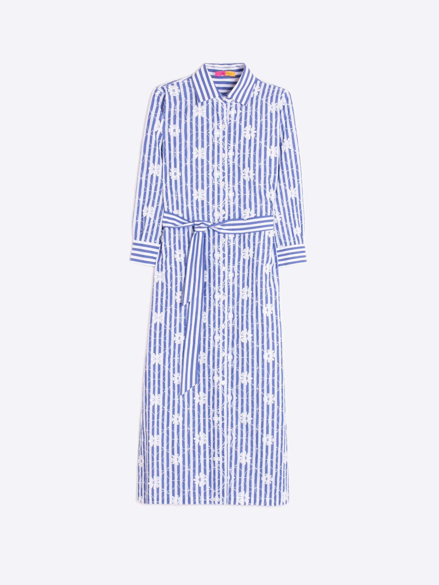 BLUE STRIPED SHIRT DRESS WITH WHITE FLORAL PRINT