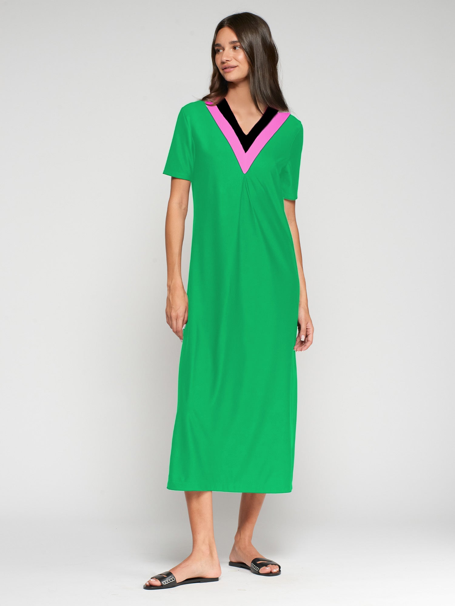 VESTIDO LARGO VERDE ESCOTE EN V EN CONTRASTE