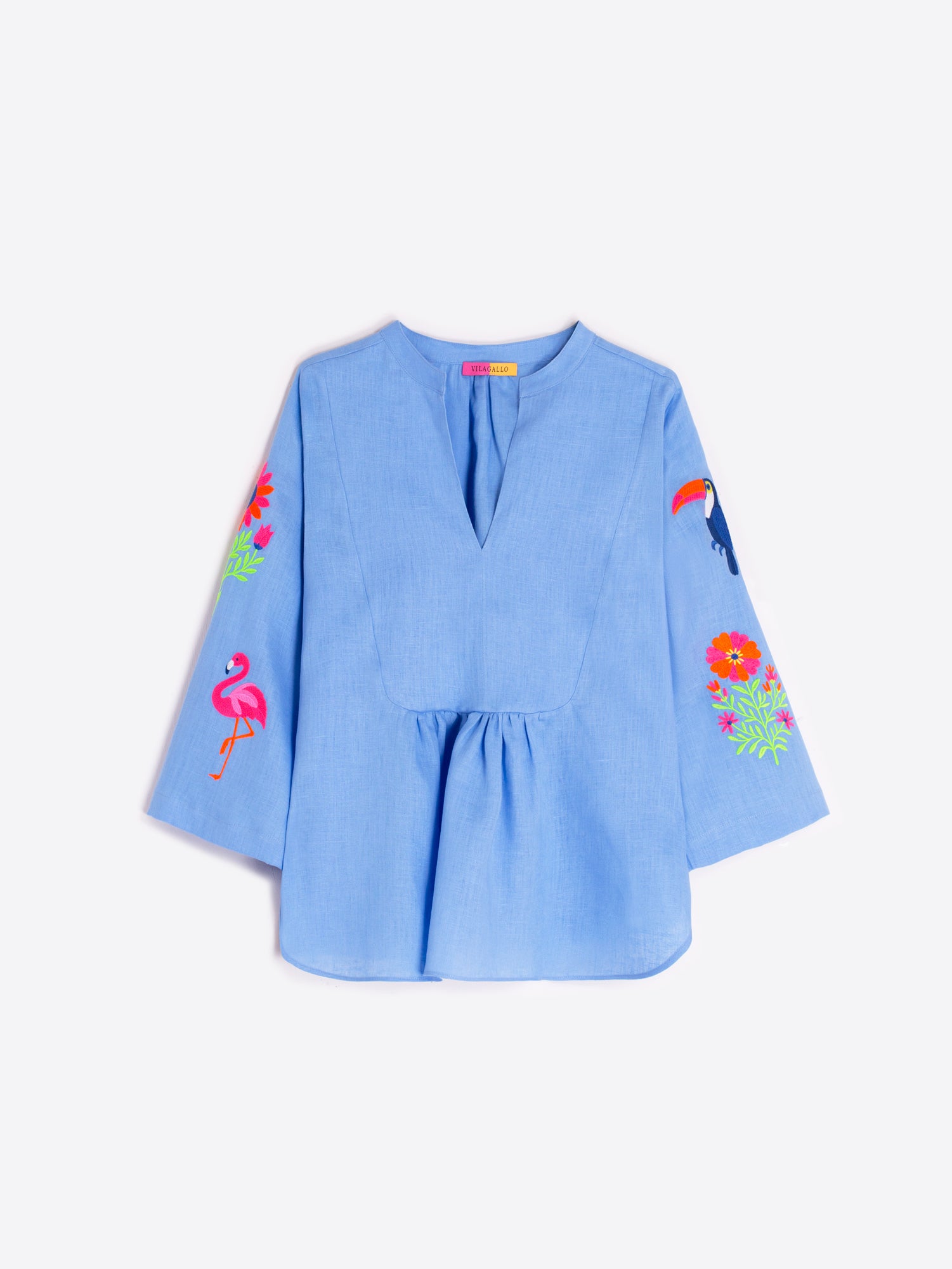 CAMISA AZUL BORDADOS TROPICALES