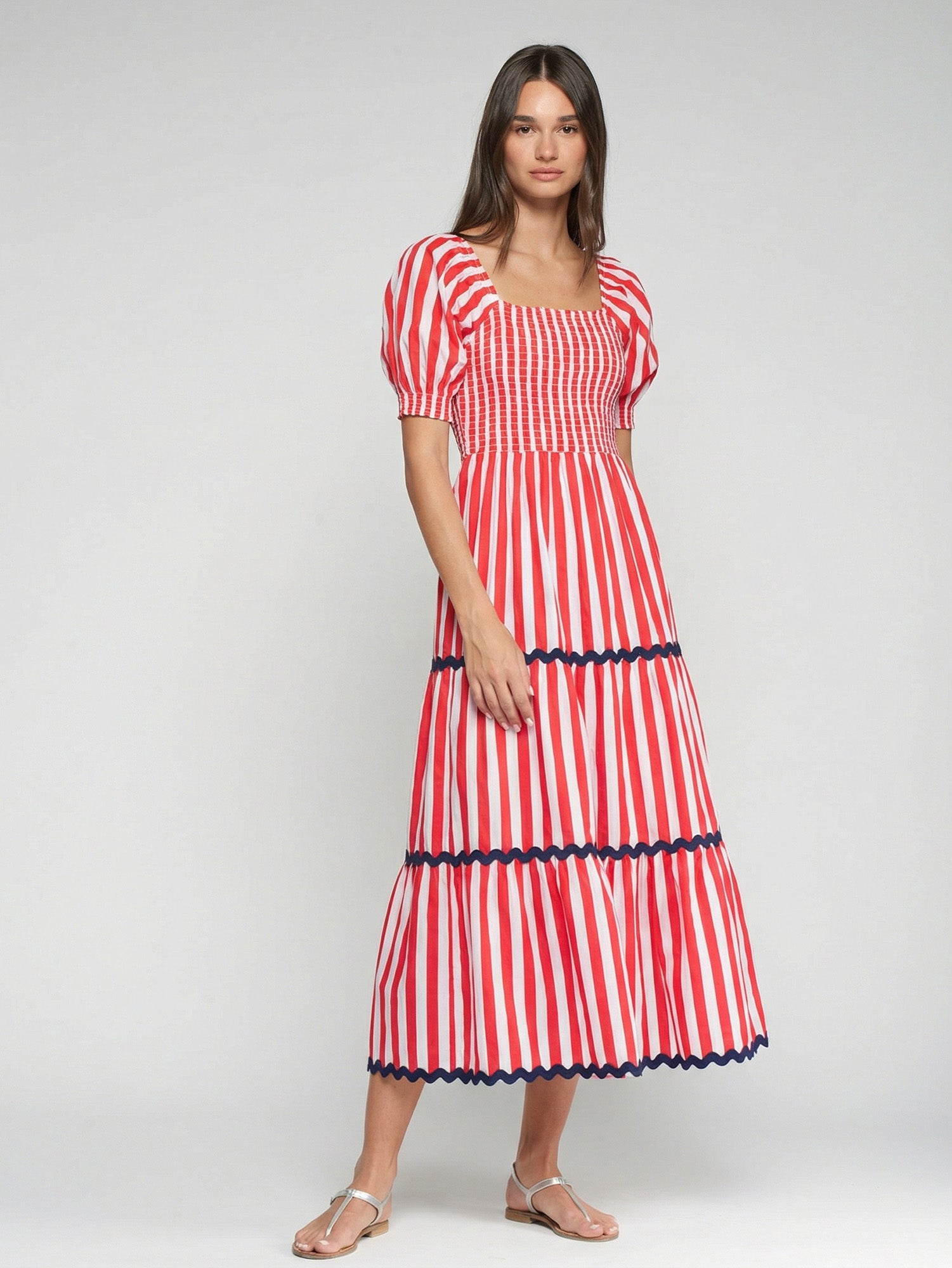 VESTIDO LARGO RAYAS ROJAS FRUNCIDO