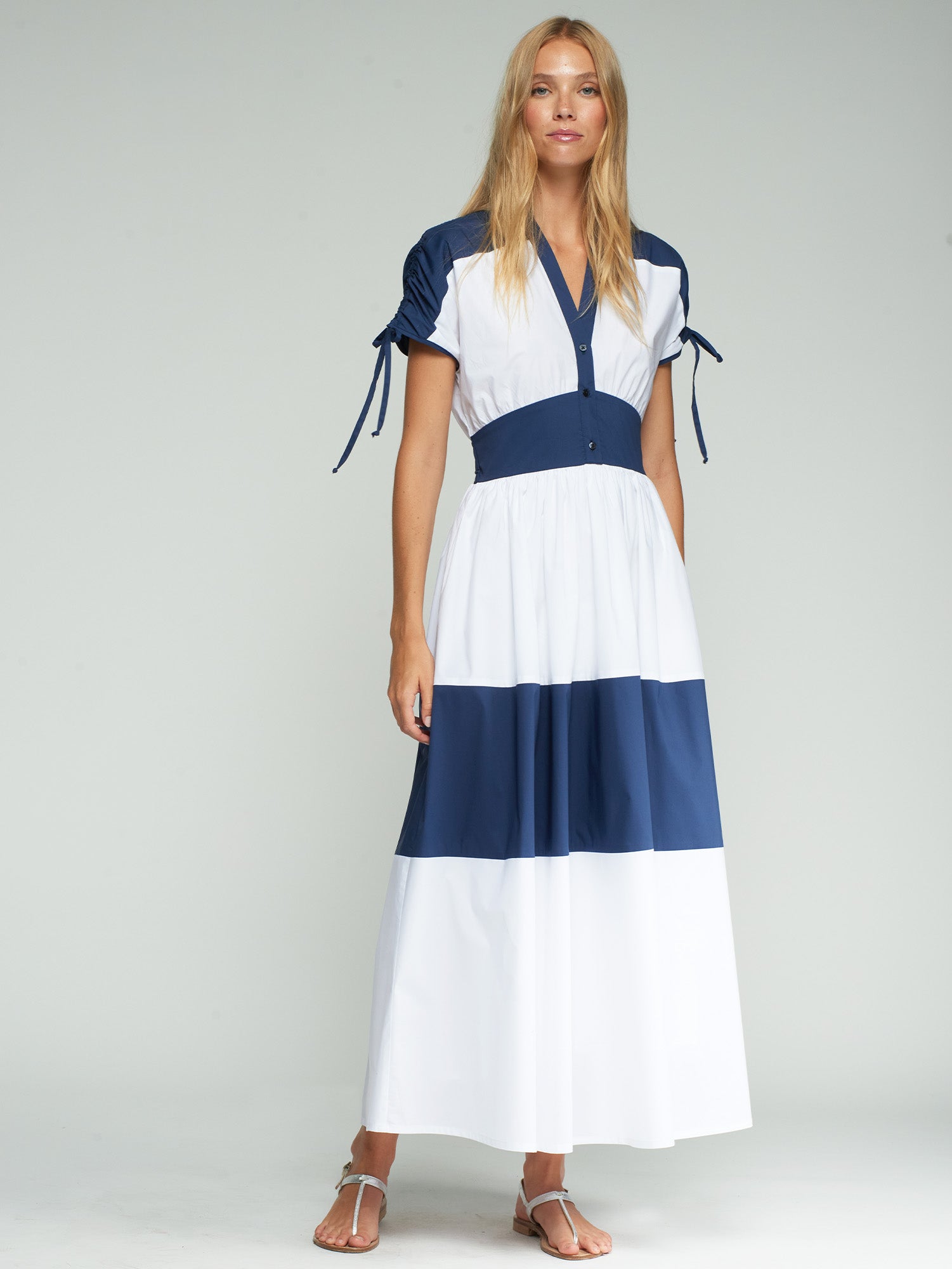 VILAGALLO ヴィラガロSpain バイカラーロングコート白ネイビー38 WHITE AND NAVY DRESS