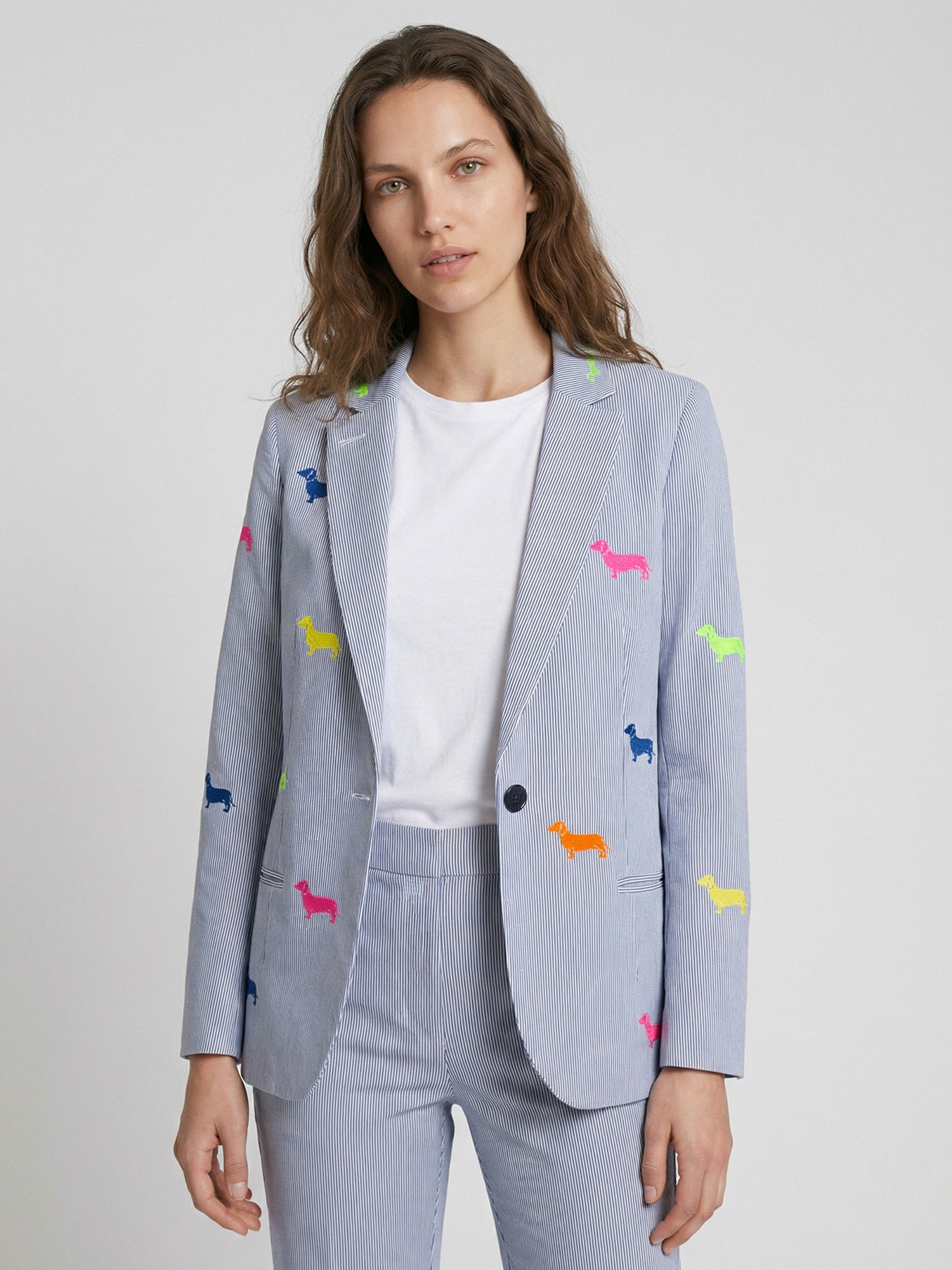 CHAQUETA RAYAS GRIS PERROS BORDADOS