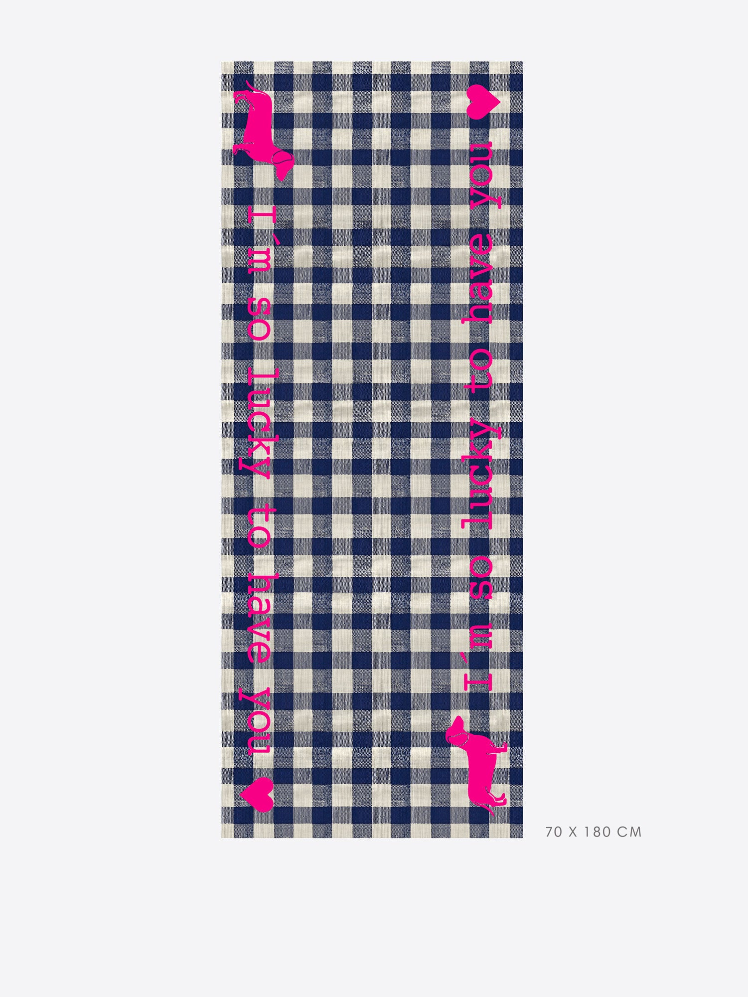PAÑUELO CUADROS AZUL TEXTO ROSA