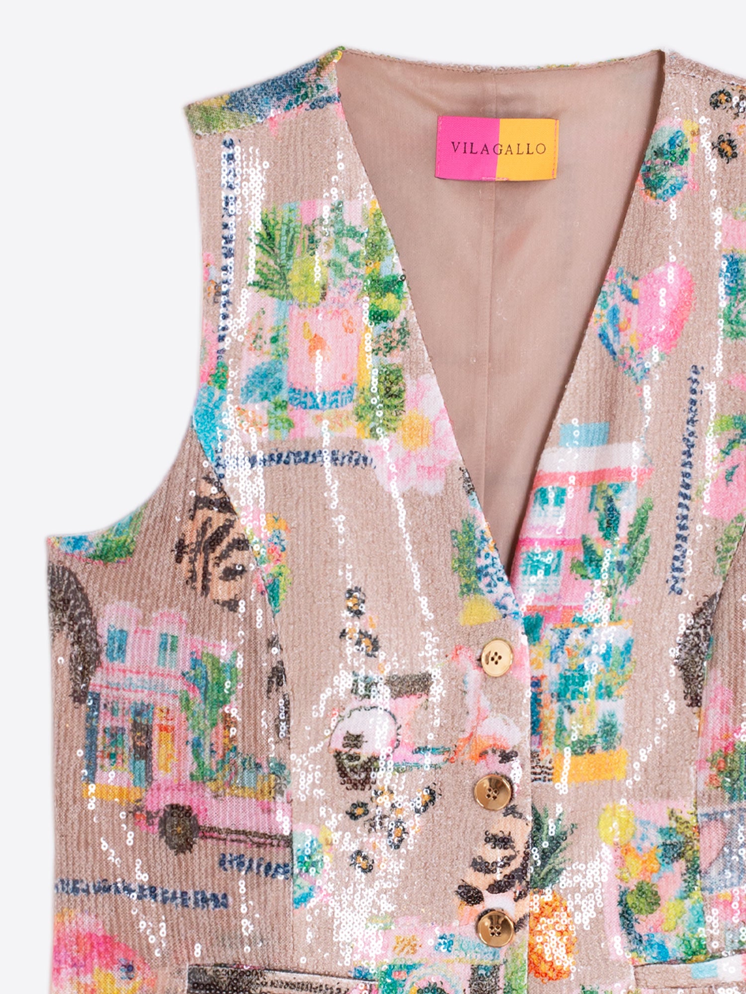 CHALECO BEIGE LENTEJUELAS ESTAMPADO MULTICOLOR