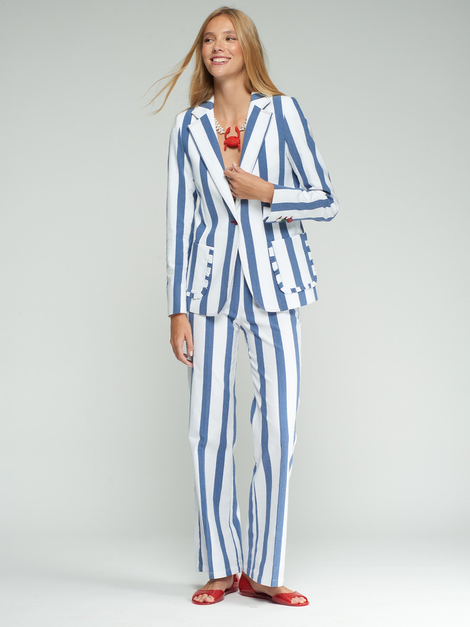 Blue and white striped jacket with wavy trim for women | Vilagallo