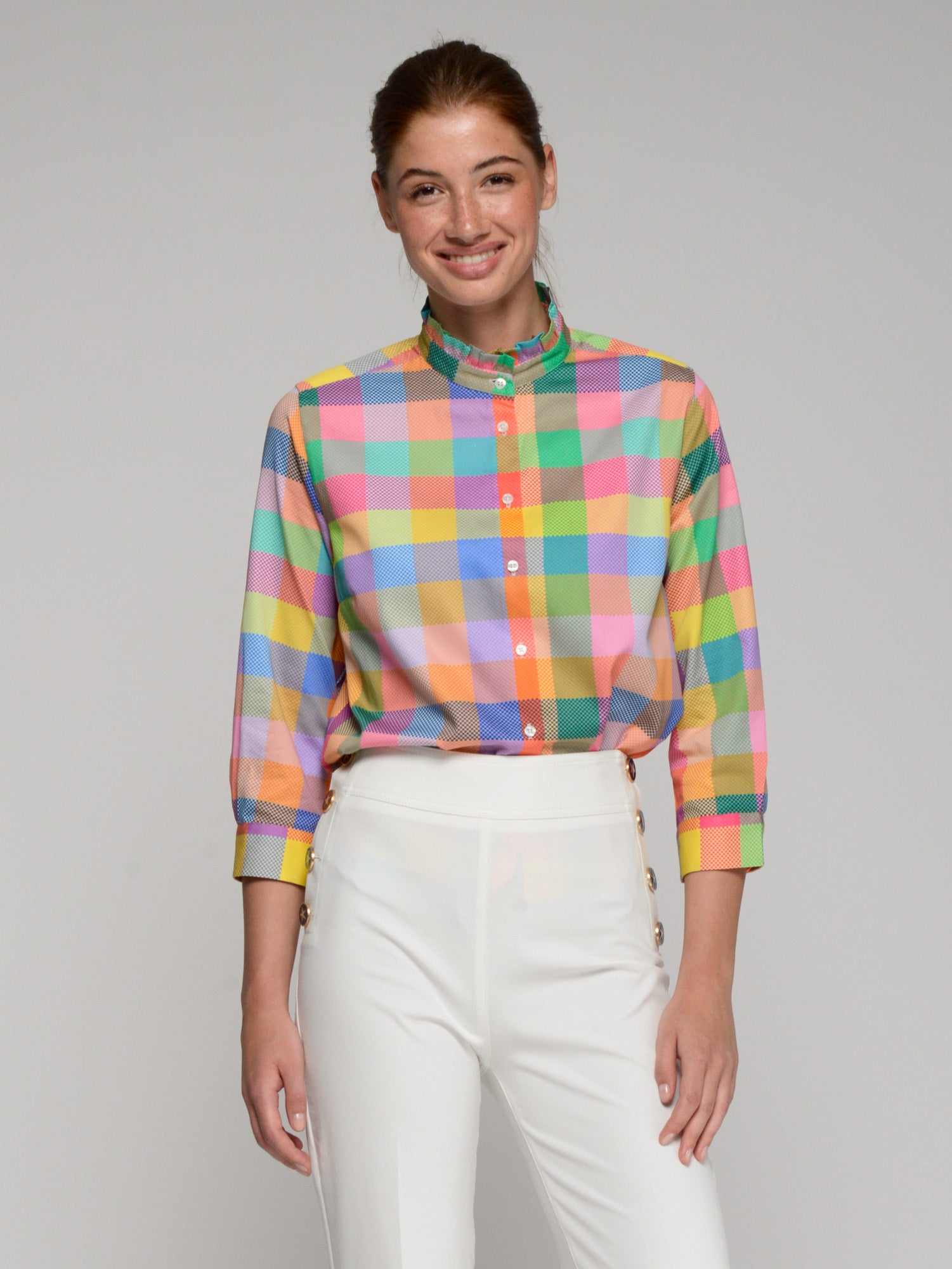 CAMISA CUADROS MULTICOLOR CUELLO VOLANTE