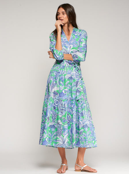 GREEN AND BLUE TROPICAL PRINT DRESS GREEN AND BLUE TROPICAL PRINT DRESS