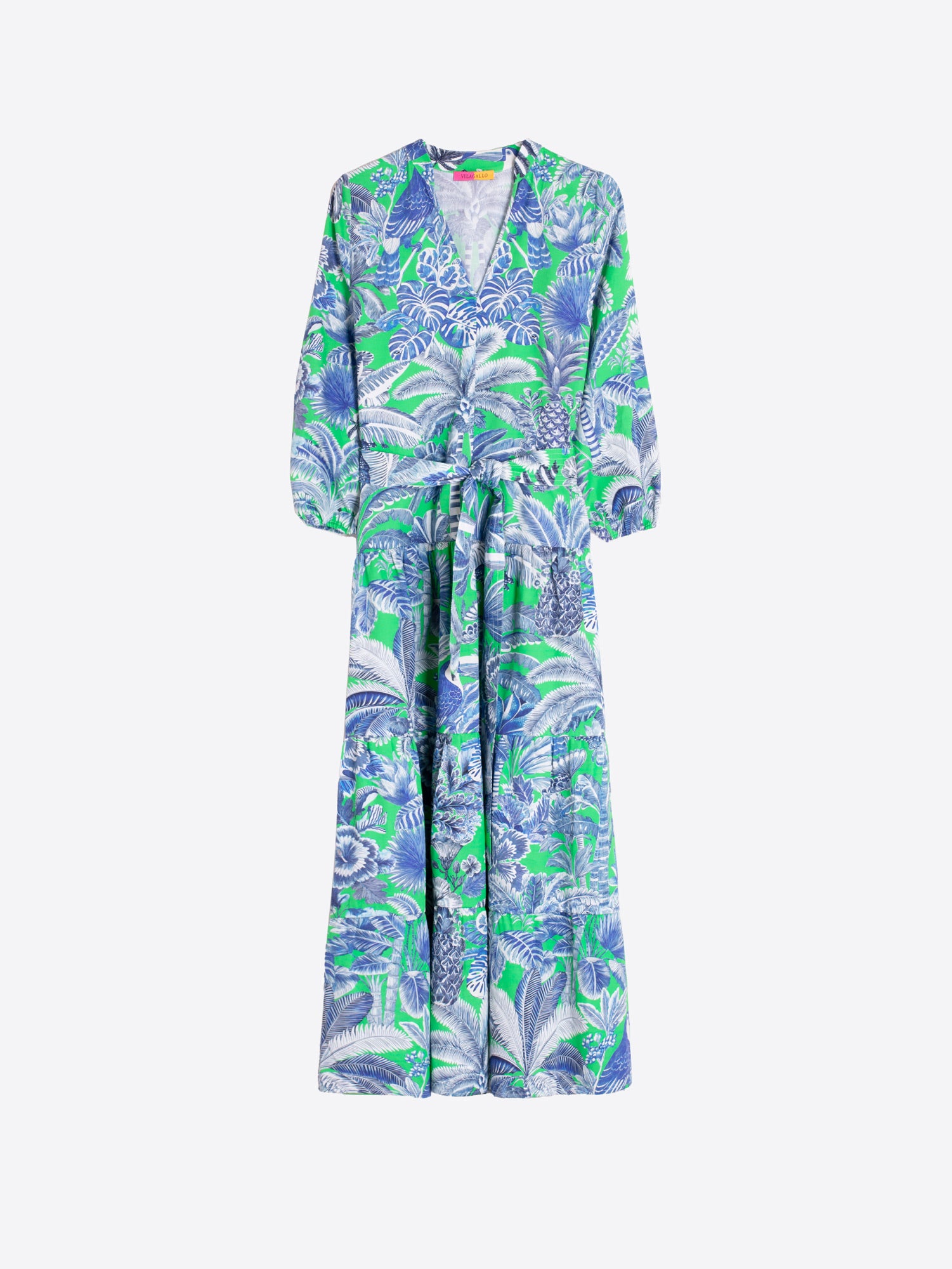 GREEN AND BLUE TROPICAL PRINT DRESS GREEN AND BLUE TROPICAL PRINT DRESS