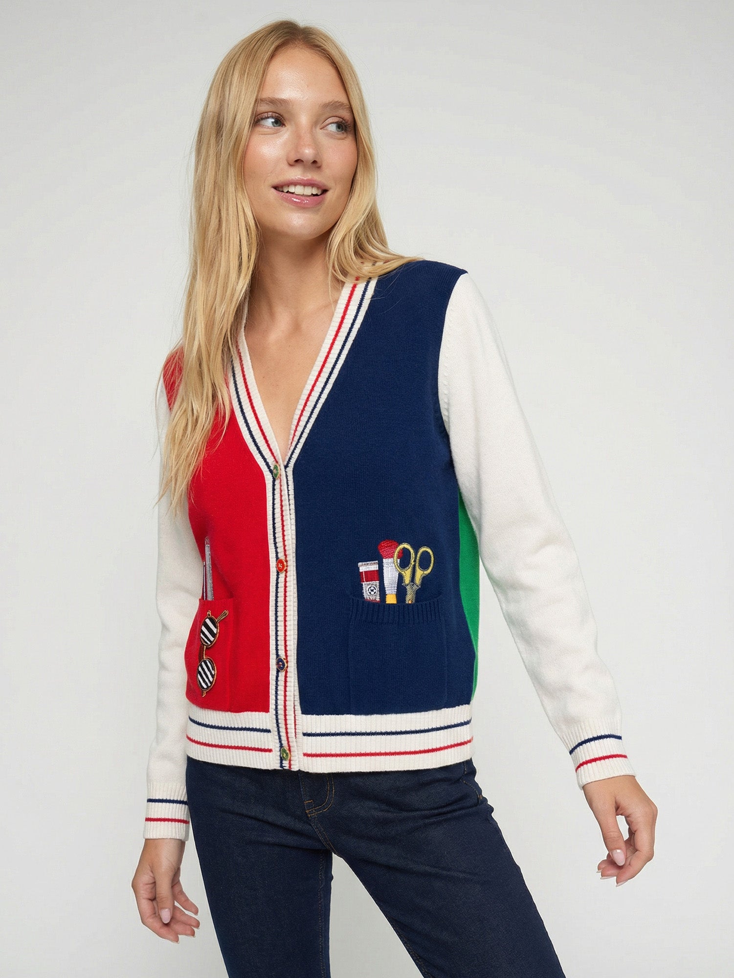 CHAQUETA TRICOLOR BOLSILLOS BORDADOS