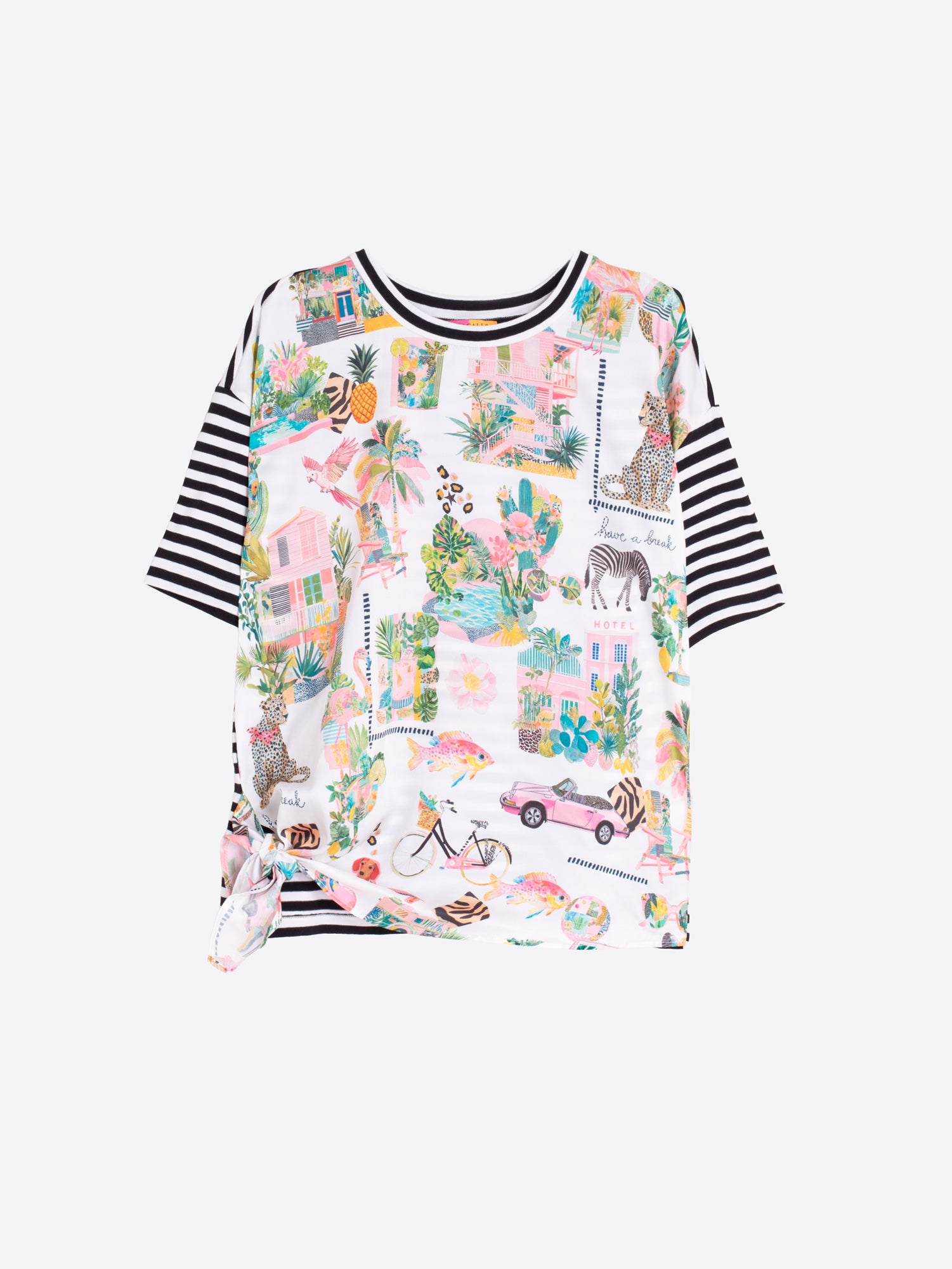 CAMISETA ESTAMPADO TROPICAL RAYAS LAZO LATERAL
