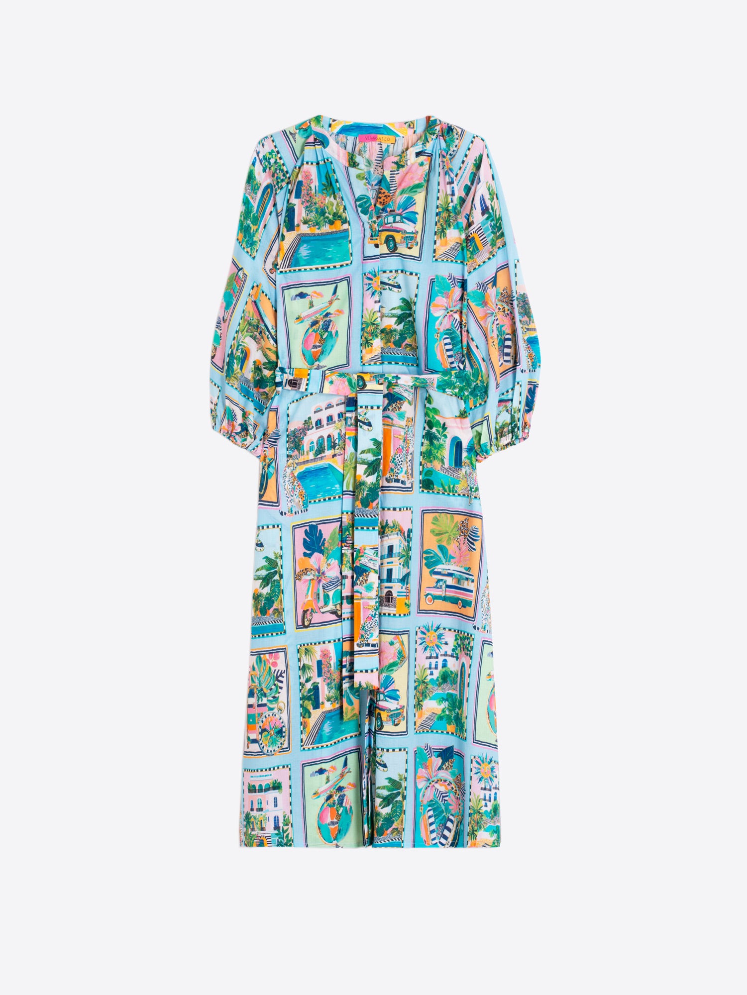 VESTIDO ESTAMPADO ESCENAS TROPICALES TURQUESA