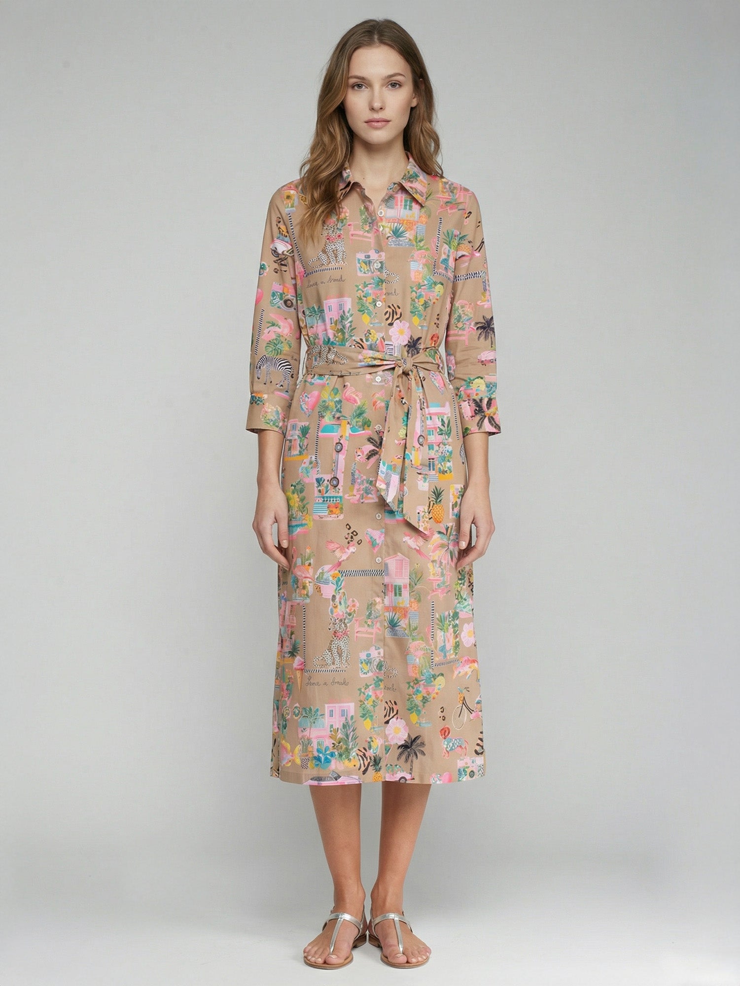 VESTIDO CAMISERO ESTAMPADO ILUSTRADO CAMEL