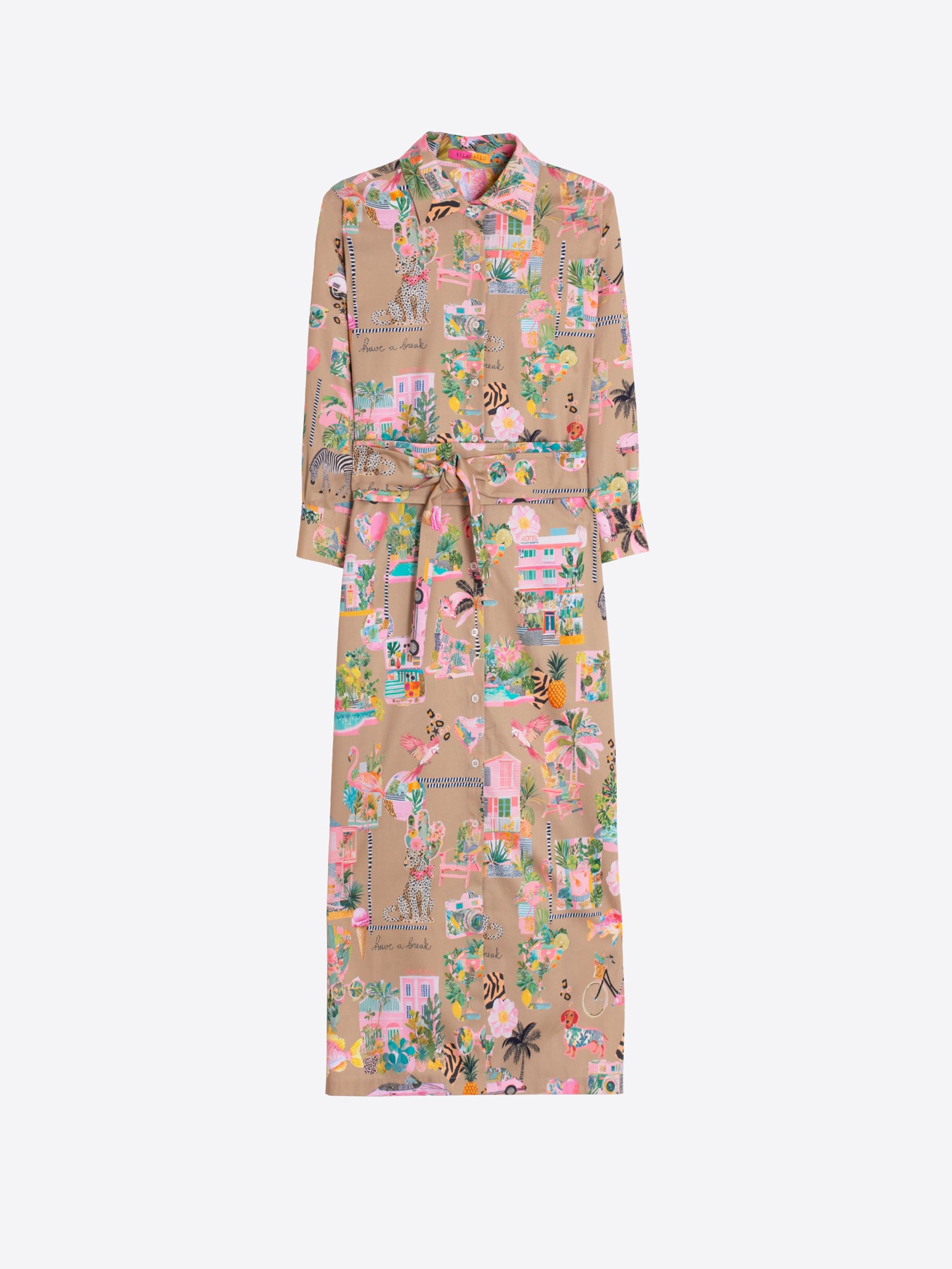 VESTIDO CAMISERO ESTAMPADO ILUSTRADO CAMEL