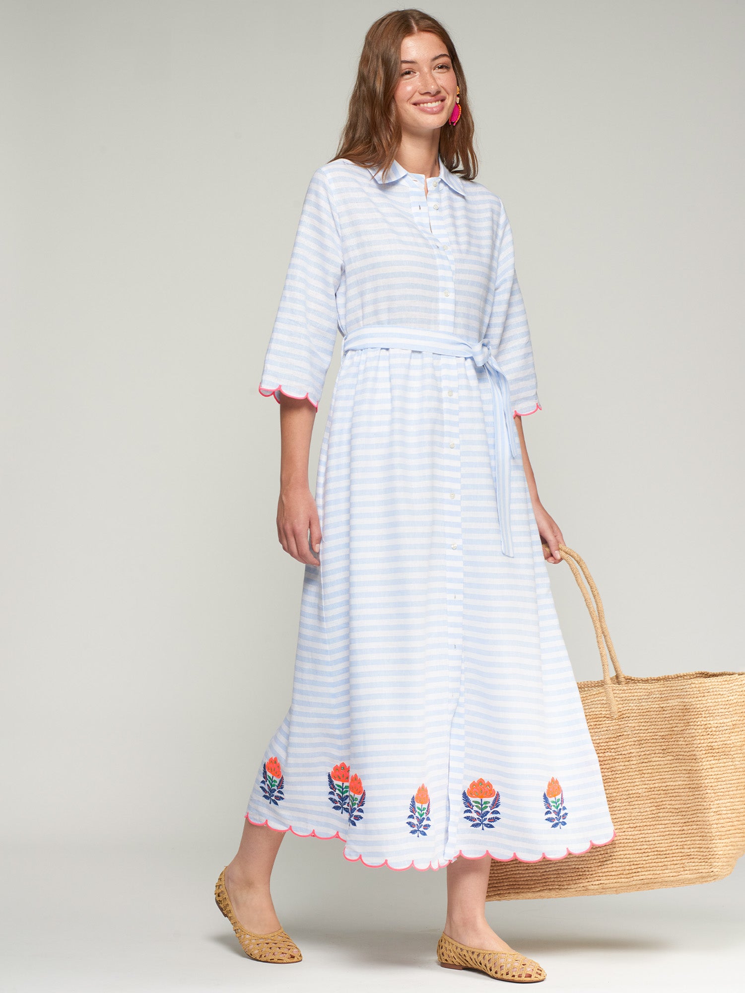 VESTIDO CAMISERO RAYAS CELESTE BORDADO FLOR
